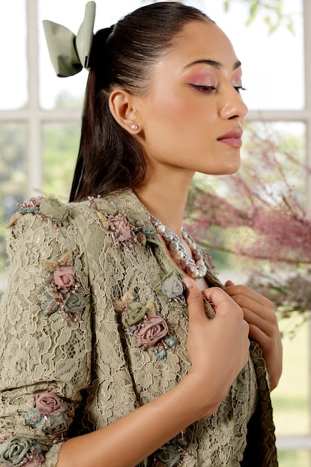 Shop Parul And Preyanka Green Lace, Tulle, Crepe Fabric Flowers, 3d Organza Rose Blazer And Skirt Set Online at Aza Fashions Shop_Parul And Preyanka_Green Lace, Tulle, Crepe Fabric Flowers, 3d Organza Rose Blazer And Skirt Set _Online_at_Aza_Fashions
