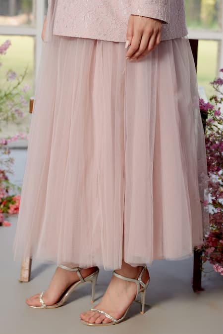 Parul And Preyanka Pink Lace, Tulle, Crepe Embroidery, Pearls Designer Blazer And Skirt Set Online at Aza Fashions Parul And Preyanka_Pink Lace, Tulle, Crepe Embroidery, Pearls Designer Blazer And Skirt Set _Online_at_Aza_Fashions