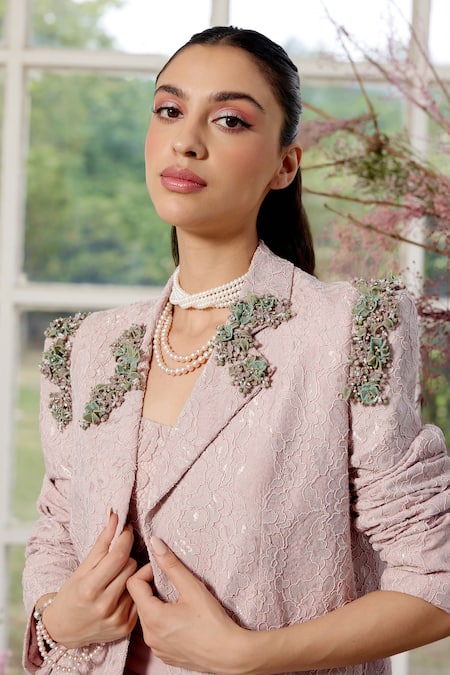 Buy Parul And Preyanka Pink Lace, Tulle, Crepe Embroidery, Pearls Designer Blazer And Skirt Set Online at Aza Fashions Buy_Parul And Preyanka_Pink Lace, Tulle, Crepe Embroidery, Pearls Designer Blazer And Skirt Set _Online_at_Aza_Fashions