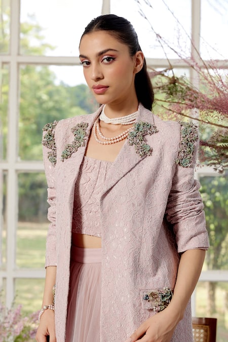 Shop Parul And Preyanka Pink Lace, Tulle, Crepe Embroidery, Pearls Designer Blazer And Skirt Set Online at Aza Fashions Shop_Parul And Preyanka_Pink Lace, Tulle, Crepe Embroidery, Pearls Designer Blazer And Skirt Set _Online_at_Aza_Fashions