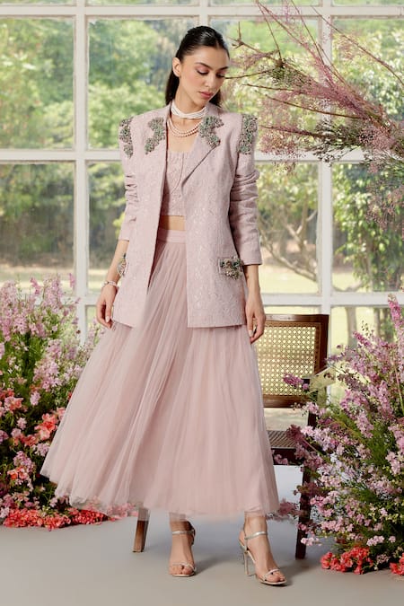 Parul And Preyanka Pink Lace, Tulle, Crepe Embroidery, Pearls Designer Blazer And Skirt Set at Aza Fashions Parul And Preyanka_Pink Lace, Tulle, Crepe Embroidery, Pearls Designer Blazer And Skirt Set _at_Aza_Fashions