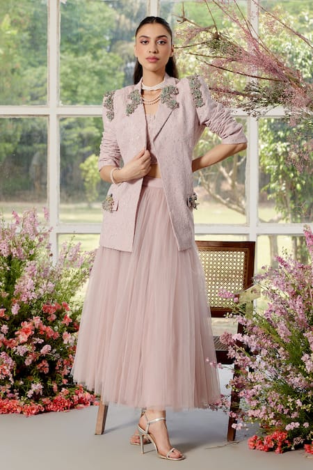 Parul And Preyanka Pink Lace, Tulle, Crepe Embroidery, Pearls Designer Blazer And Skirt Set 