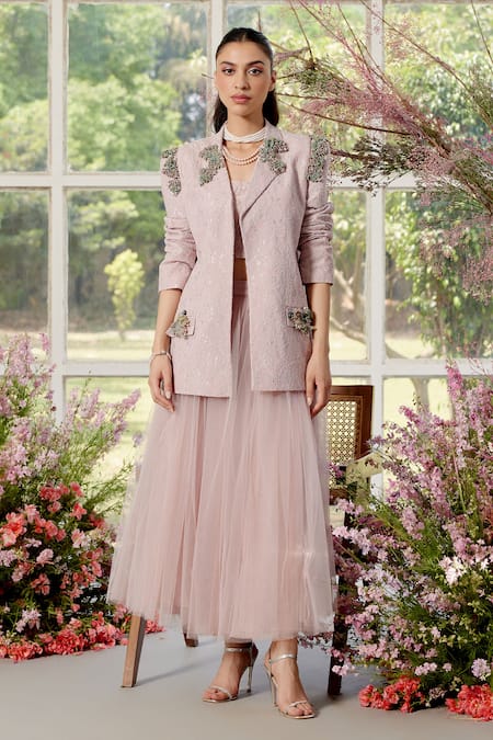 Shop Parul And Preyanka Pink Lace, Tulle, Crepe Embroidery, Pearls Designer Blazer And Skirt Set at Aza Fashions Shop_Parul And Preyanka_Pink Lace, Tulle, Crepe Embroidery, Pearls Designer Blazer And Skirt Set _at_Aza_Fashions