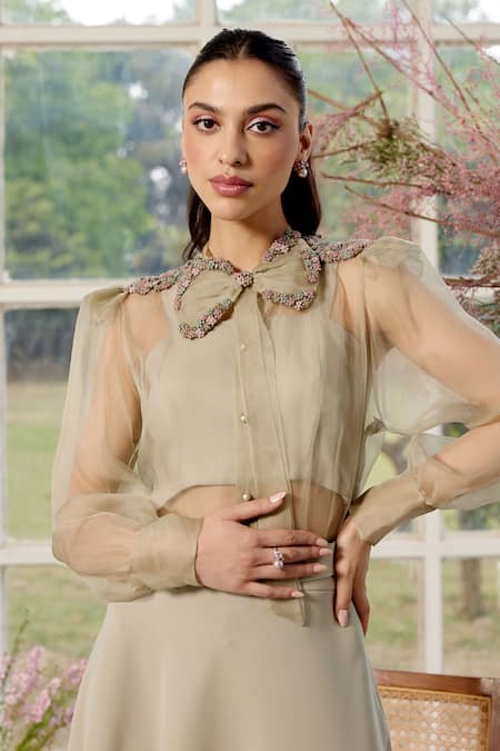 Parul And Preyanka_Gray Silk Organza, Crepe Zari, Embroidery Round Neck, Designer Co-ord Set  _Online_at_Aza_Fashions