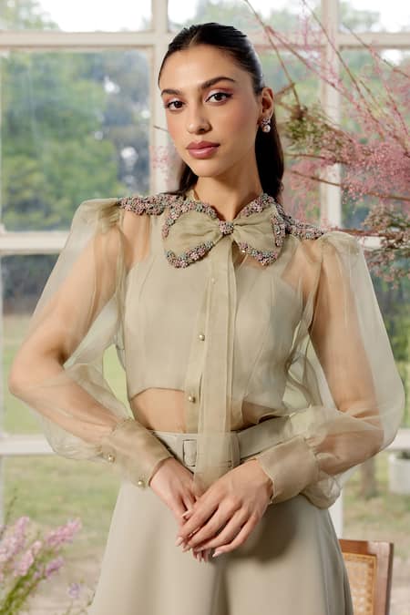 Parul And Preyanka_Gray Silk Organza, Crepe Zari, Embroidery Round Neck, Designer Co-ord Set  _at_Aza_Fashions