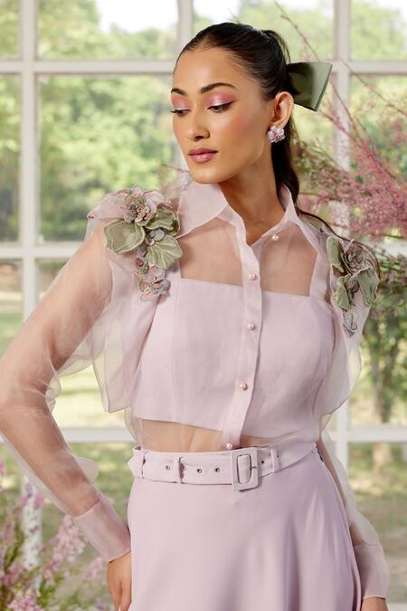 Buy_Parul And Preyanka_Pink Silk Organza, Crepe Collared 3d Flower Detail Co-ord Set _Online_at_Aza_Fashions