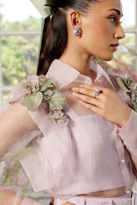 Shop_Parul And Preyanka_Pink Silk Organza, Crepe Collared 3d Flower Detail Co-ord Set _Online_at_Aza_Fashions