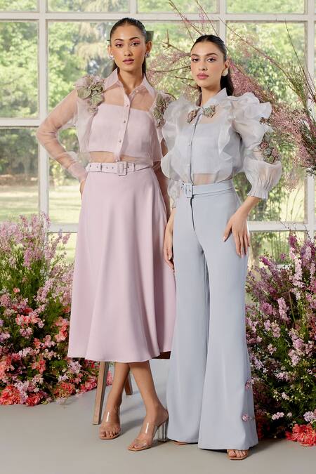 Parul And Preyanka_Pink Silk Organza, Crepe Collared 3d Flower Detail Co-ord Set _at_Aza_Fashions