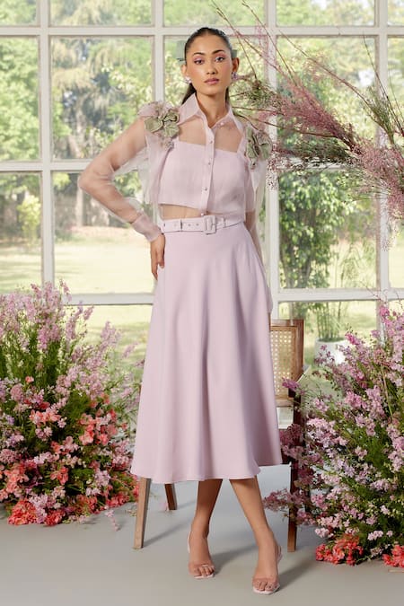 Parul And Preyanka Pink Silk Organza, Crepe Collared 3d Flower Detail Co-ord Set 