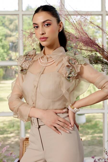 Buy_Parul And Preyanka_Beige Silk Organza, Crepe Applique Collared Floral Shirt And Pant Set _Online_at_Aza_Fashions