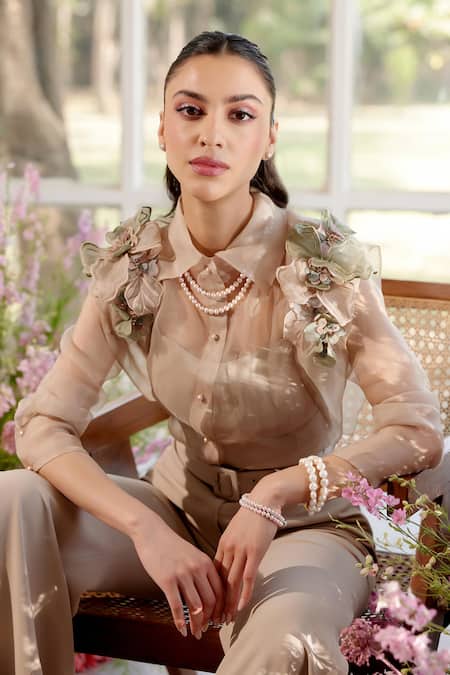 Shop_Parul And Preyanka_Beige Silk Organza, Crepe Applique Collared Floral Shirt And Pant Set _Online_at_Aza_Fashions
