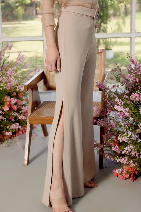 Parul And Preyanka_Beige Silk Organza, Crepe Applique Collared Floral Shirt And Pant Set _at_Aza_Fashions