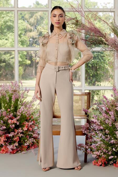 Buy_Parul And Preyanka_Beige Silk Organza, Crepe Applique Collared Floral Shirt And Pant Set 