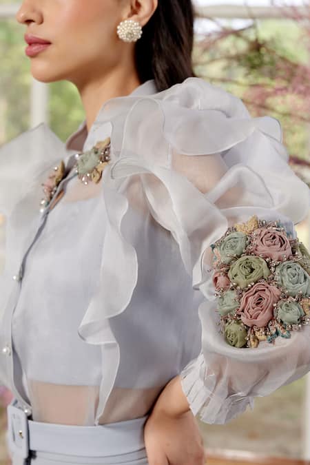 Parul And Preyanka_Blue Silk Organza, Crepe Fabric Flowers, Beads Ice Designer Shirt And Pant Set _Online_at_Aza_Fashions