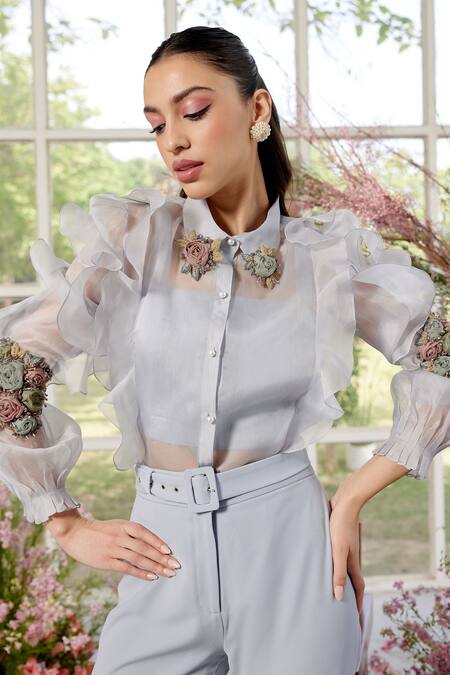 Buy_Parul And Preyanka_Blue Silk Organza, Crepe Fabric Flowers, Beads Ice Designer Shirt And Pant Set _Online_at_Aza_Fashions
