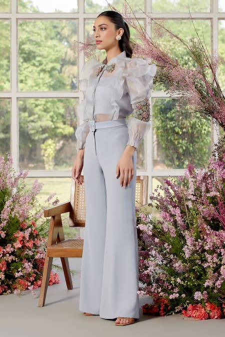 Parul And Preyanka Ice Blue Designer Shirt & Pant Set 