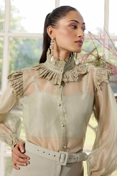 Buy_Parul And Preyanka_Green Silk Organza, Crepe Lace, Pearls, Crystals Designer Applique Co-ord Set _Online_at_Aza_Fashions