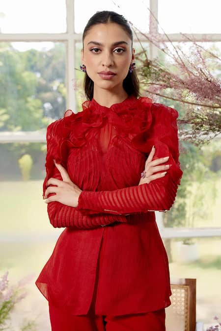 Parul And Preyanka_Red Silk Organza, Crepe Fringe High Neck Frill Detail Co-ord Set _Online_at_Aza_Fashions