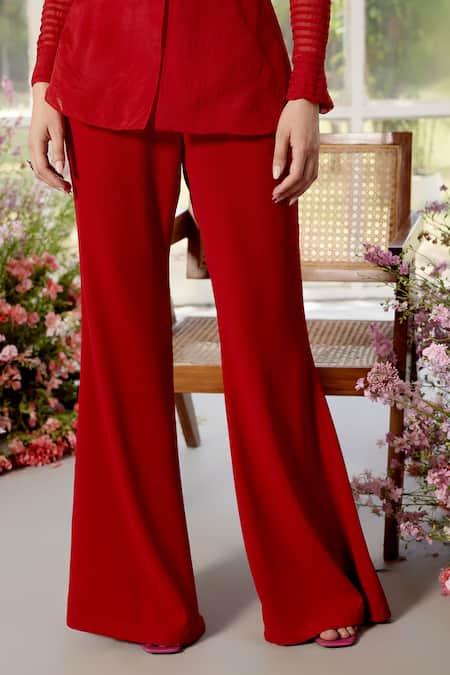 Buy_Parul And Preyanka_Red Silk Organza, Crepe Fringe High Neck Frill Detail Co-ord Set _Online_at_Aza_Fashions