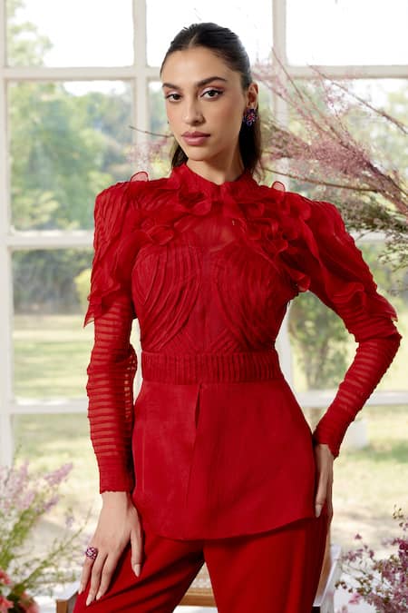 Parul And Preyanka_Red Silk Organza, Crepe Fringe High Neck Frill Detail Co-ord Set _at_Aza_Fashions