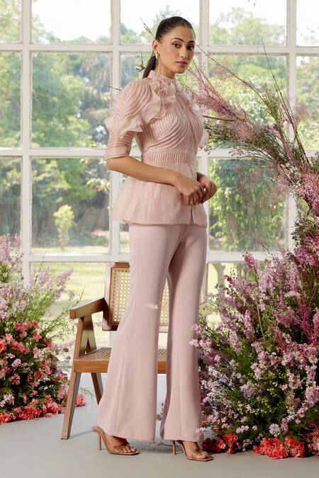 Parul And Preyanka_Peach Silk Organza, Crepe High Neck Frill And Pintucks Co-ord Set _Online_at_Aza_Fashions