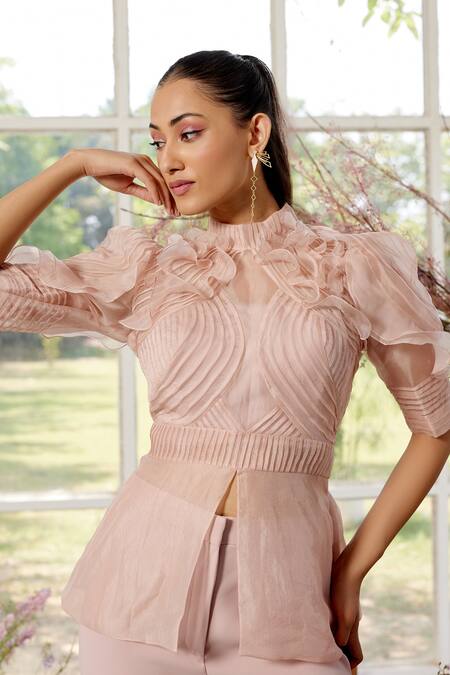 Buy_Parul And Preyanka_Peach Silk Organza, Crepe High Neck Frill And Pintucks Co-ord Set _Online_at_Aza_Fashions