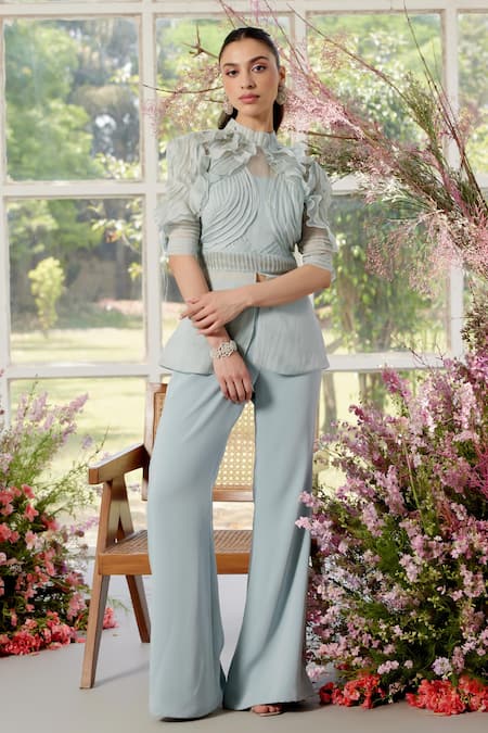 Parul And Preyanka Blue Silk Organza, Crepe Embroidery High Neck Frill Detail Co-ord Set 