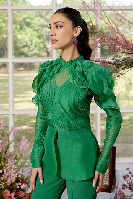 Shop_Parul And Preyanka_Green Silk Organza, Crepe Embroidery, Ruffles High Frill Detail Jade Co-ord Set _Online_at_Aza_Fashions