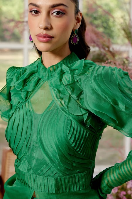 Parul And Preyanka_Green Silk Organza, Crepe Embroidery, Ruffles High Frill Detail Jade Co-ord Set _at_Aza_Fashions