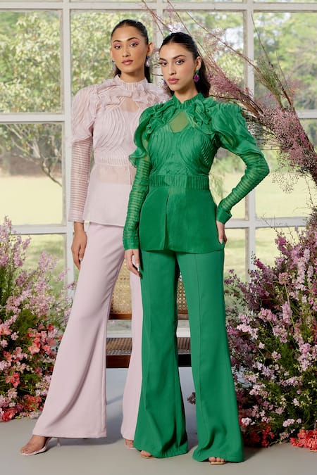Buy_Parul And Preyanka_Green Silk Organza, Crepe Embroidery, Ruffles High Frill Detail Jade Co-ord Set 