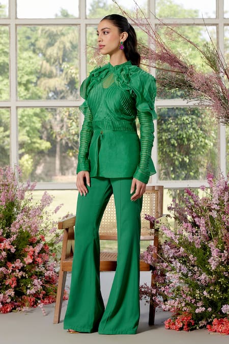 Shop_Parul And Preyanka_Green Silk Organza, Crepe Embroidery, Ruffles High Frill Detail Jade Co-ord Set 