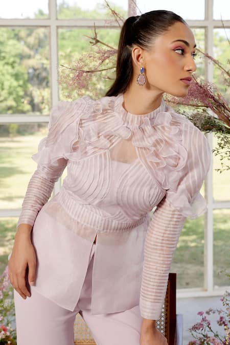 Parul And Preyanka_Pink Silk Organza, Crepe Ruffles High Neck Frill Detailing Co-ord Set _Online_at_Aza_Fashions