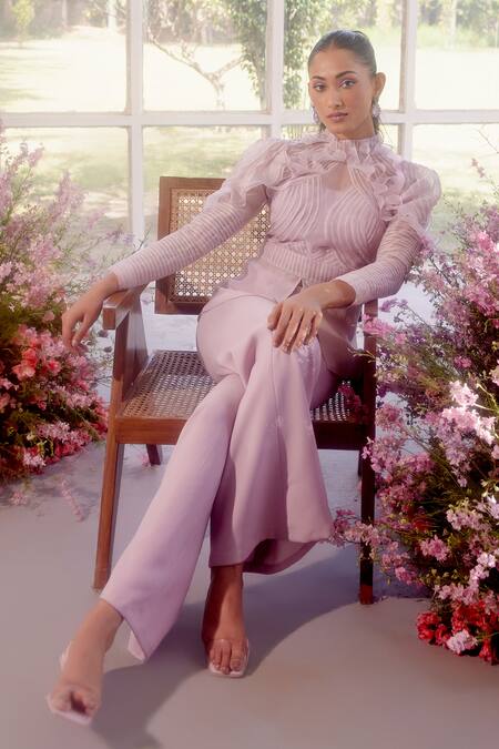 Shop_Parul And Preyanka_Pink Silk Organza, Crepe Ruffles High Neck Frill Detailing Co-ord Set _Online_at_Aza_Fashions