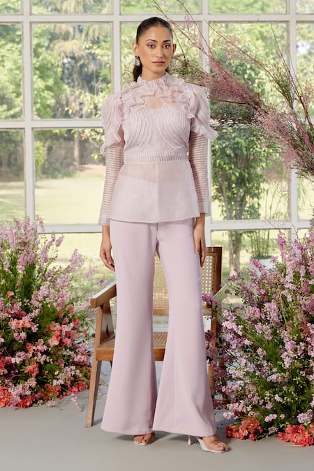 Parul And Preyanka Pink Silk Organza, Crepe Ruffles High Neck Frill Detailing Co-ord Set 
