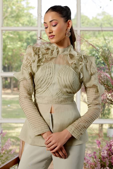 Parul And Preyanka Green Silk Organza, Crepe Fringe High Neck Frill Detail Designer Co-ord Set 