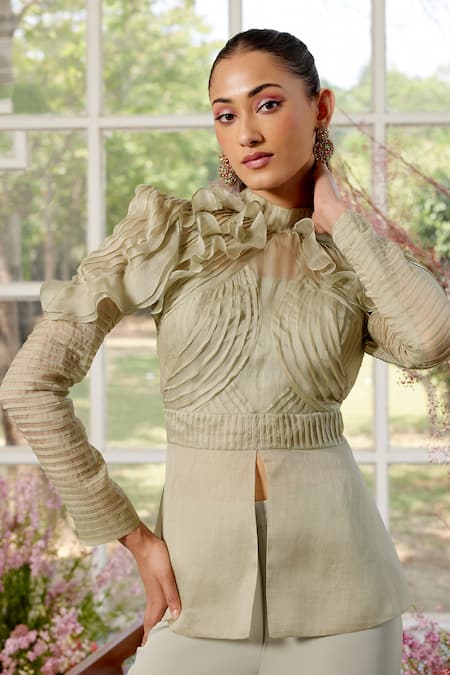 Parul And Preyanka_Green Silk Organza, Crepe Fringe High Neck Frill Detail Designer Co-ord Set _Online_at_Aza_Fashions