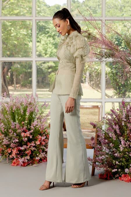 Buy_Parul And Preyanka_Green Silk Organza, Crepe Fringe High Neck Frill Detail Designer Co-ord Set _Online_at_Aza_Fashions