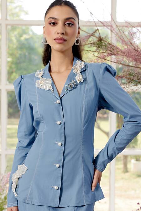 Parul And Preyanka_Blue Poplin Round Neck Big Organza Floral Shirt And Skirt Set _Online_at_Aza_Fashions