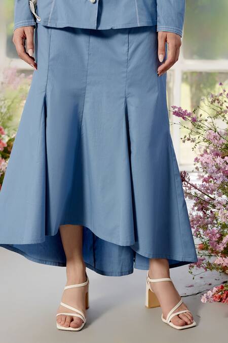 Buy_Parul And Preyanka_Blue Poplin Round Neck Big Organza Floral Shirt And Skirt Set _Online_at_Aza_Fashions