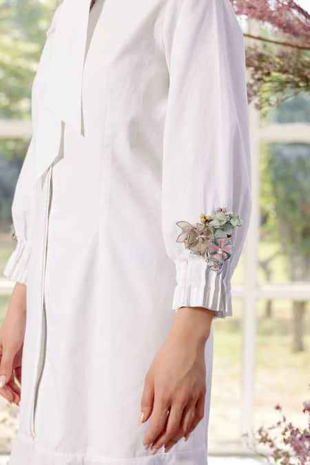 Parul And Preyanka_White Poplin Embroidery Collared Kate Midi Dress _Online_at_Aza_Fashions