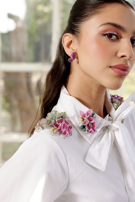 Parul And Preyanka_White Poplin Embroidery Collared Kate Midi Dress _at_Aza_Fashions