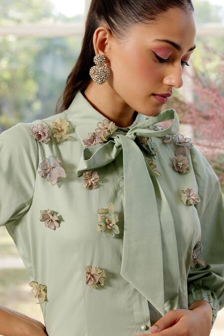 Shop_Parul And Preyanka_Green Poplin Fabric Flowers Collared Midi Dress With 3d Floral Embellishments _Online_at_Aza_Fashions