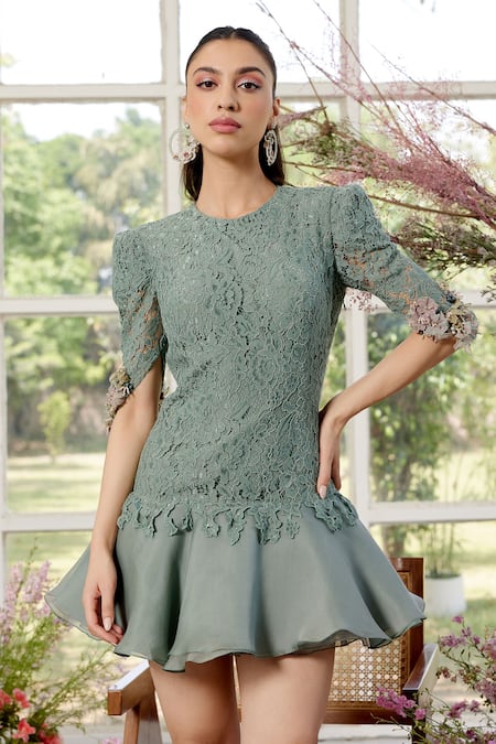 Parul And Preyanka_Blue Lace, Silk Organza Round Neck Designer 3d Floral Dress _Online_at_Aza_Fashions