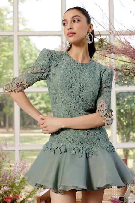 Buy_Parul And Preyanka_Blue Lace, Silk Organza Round Neck Designer 3d Floral Dress _Online_at_Aza_Fashions