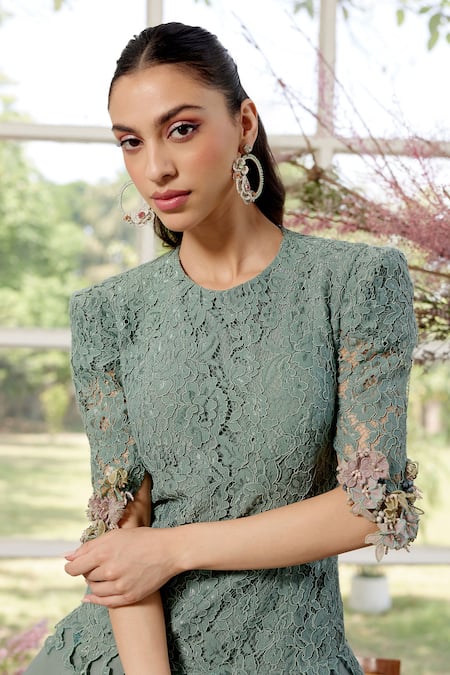 Shop_Parul And Preyanka_Blue Lace, Silk Organza Round Neck Designer 3d Floral Dress _Online_at_Aza_Fashions