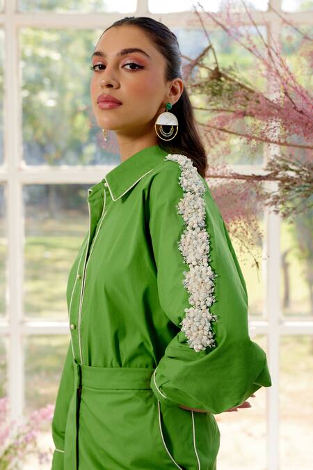 Parul And Preyanka_Green Poplin Embroidery Collared Designer Co-ord Set _Online_at_Aza_Fashions