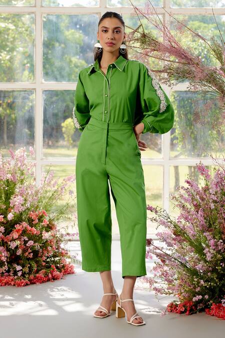 Buy_Parul And Preyanka_Green Poplin Embroidery Collared Designer Co-ord Set _Online_at_Aza_Fashions