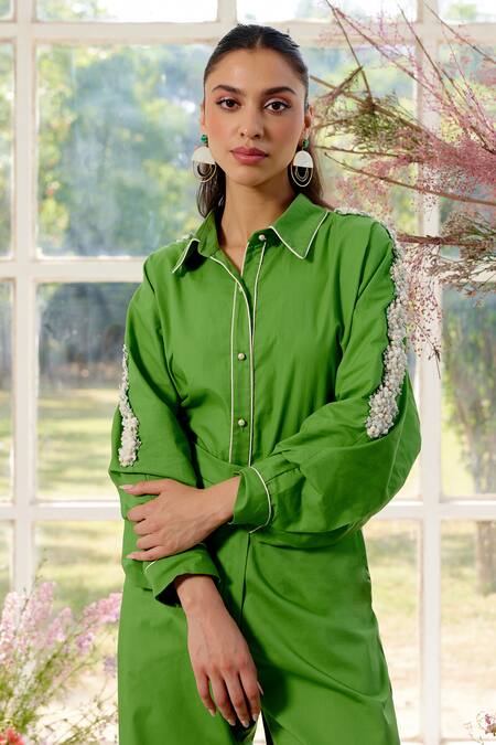 Shop_Parul And Preyanka_Green Poplin Embroidery Collared Designer Co-ord Set _Online_at_Aza_Fashions
