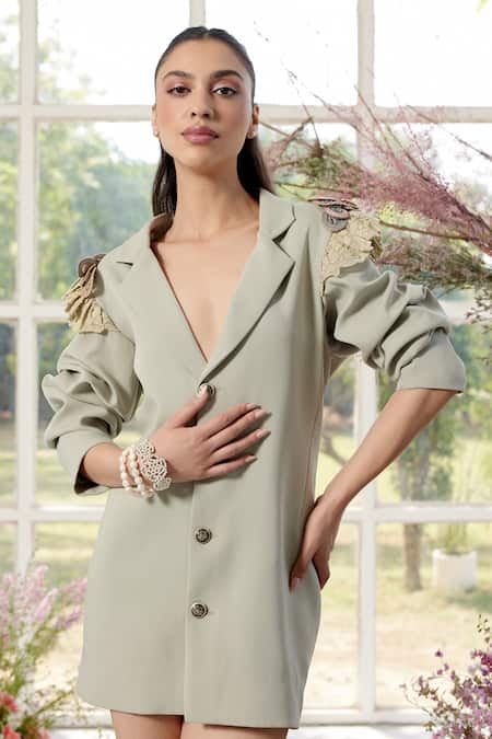 Parul And Preyanka_Green Crepe Applique Notched Neck Hyacinth Dori Petals Blazer Dress _Online_at_Aza_Fashions