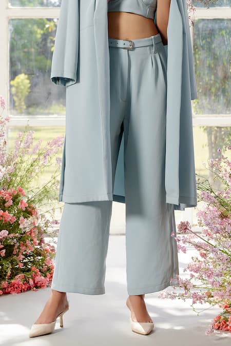 Parul And Preyanka_Blue Crepe Embroidery, Crystals Shawl 3d Flower Embellished Trench Co-ord Set _at_Aza_Fashions